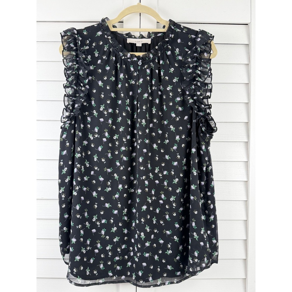 LOFT Floral Ruffle Blouse Women XXL Black Sleeveless Georgette Shell